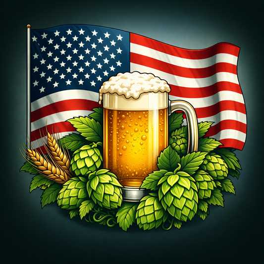 Glass of frothing beer surrounded by hop cones with a US flag behind