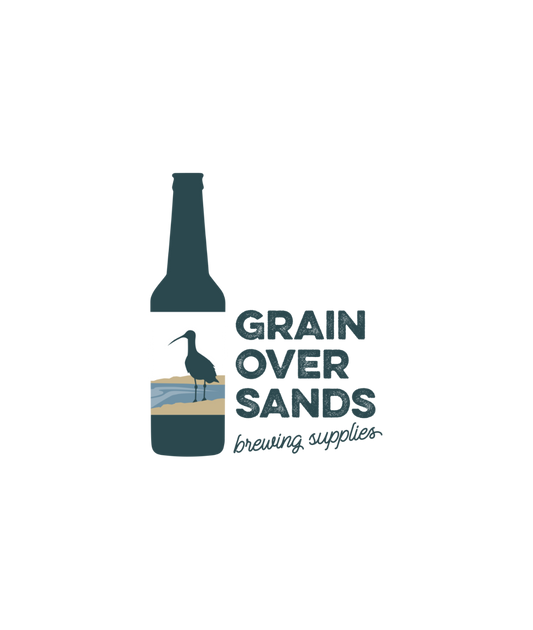 A green beer bottle that has a label showing morecambe bay and a large curlew bird. Grain Over Sands Brewing Supplies is written next to the bottle in a green colour.EE-BY-ECK OIL All Grain Recipe Kit A Tribute to Neck Oil. BrewDog Jet Black Heart Tribute All Grain Recipe Kit