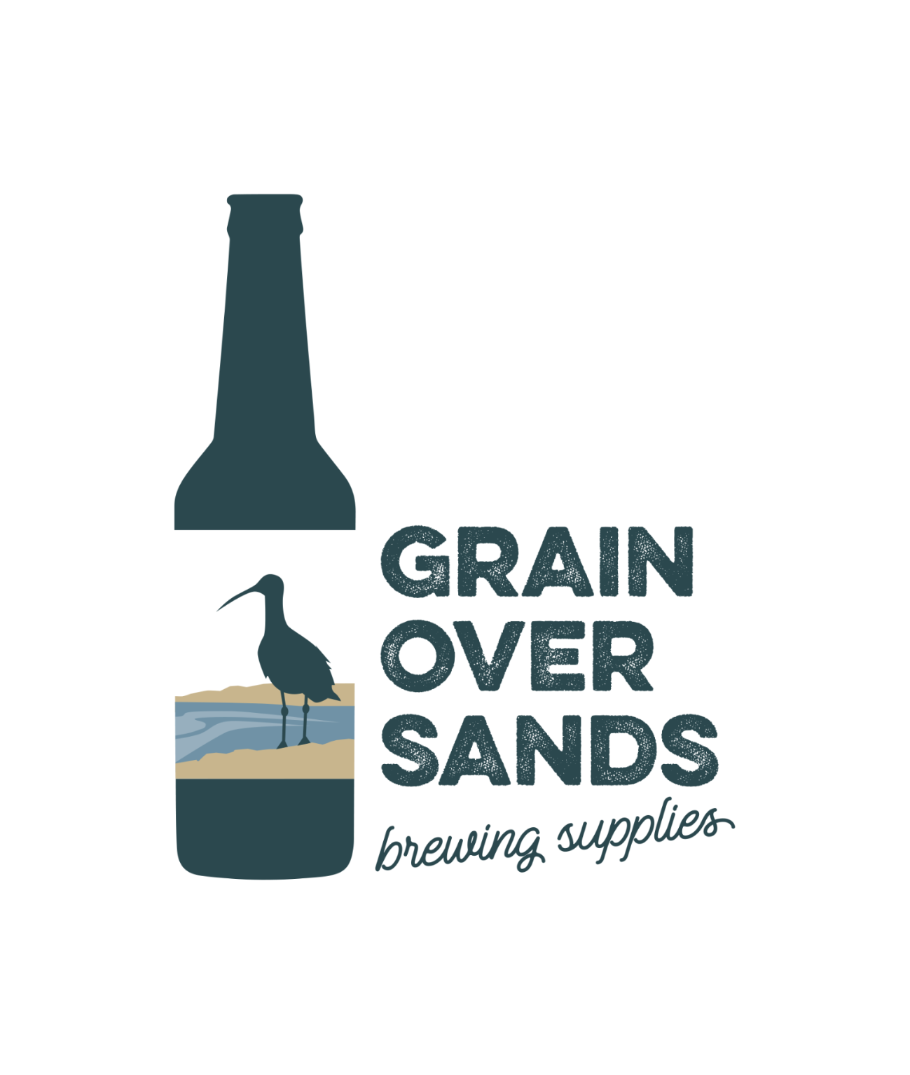 A logo-style graphic on a white background with a dark teal bottle silhouette, a bird standing on sand over water, and the text 'GRAIN OVER SANDS' and 'brewing supplies'.