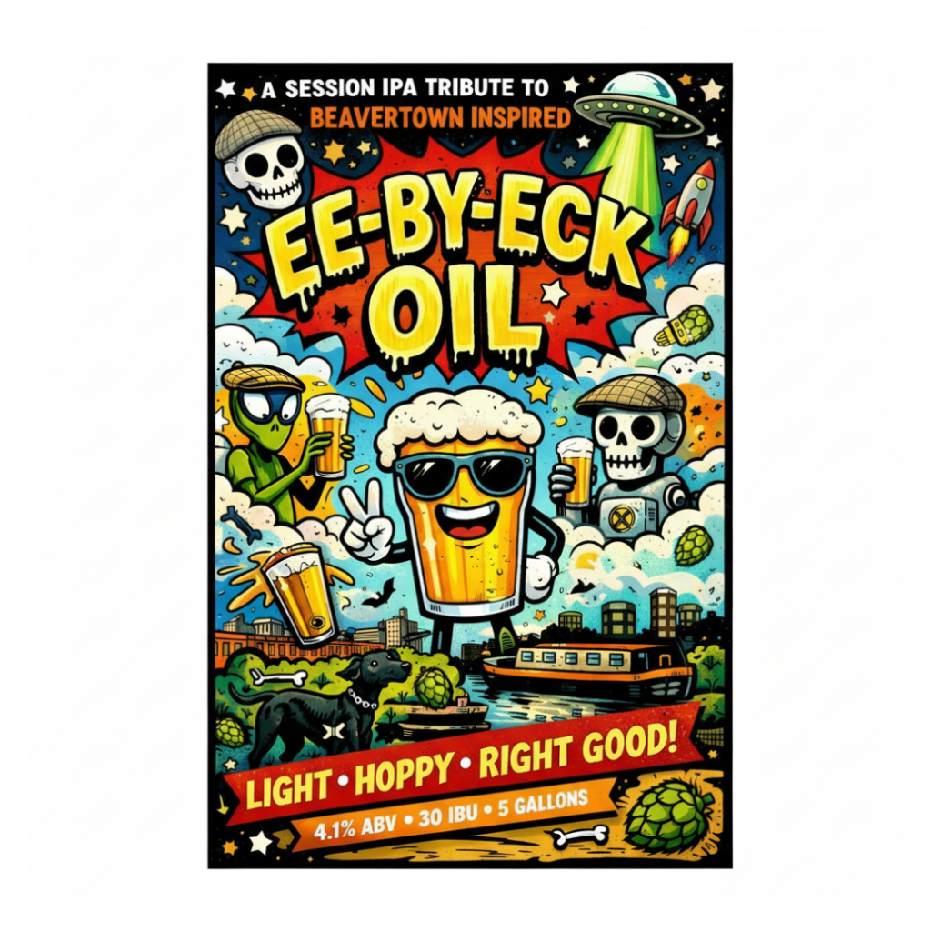 Colorful beer label with cartoon characters and text, featuring a session IPA tribute to Beavertown neck oil.