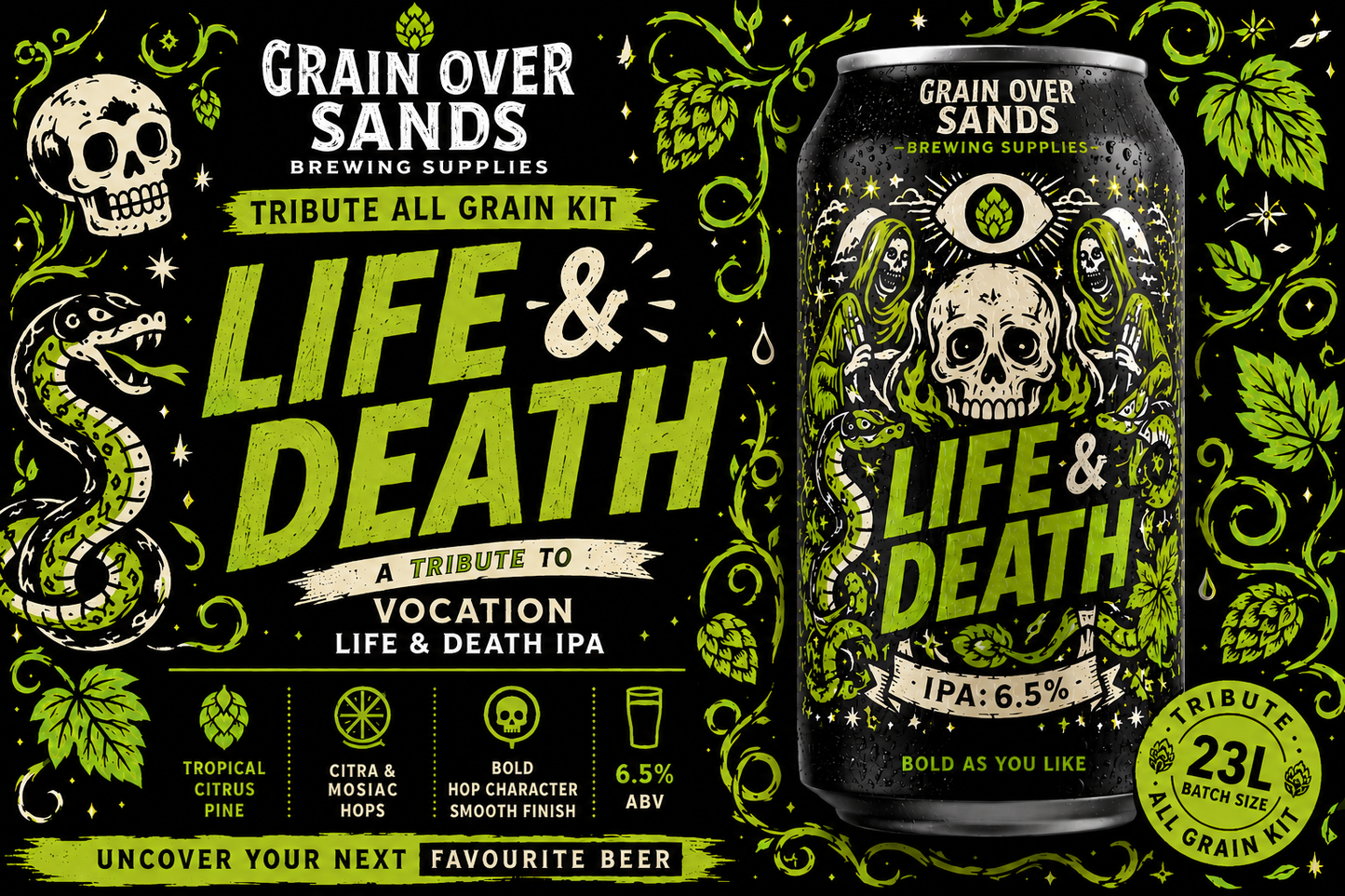 green writing black background, can of Vocation life & death tribute all grain kit. Info about kits and design has skulls, snakes and all seeing eye with hop cone in the middle.