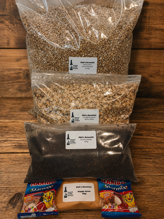 Home brew all grain beer kit for brewing beer with a wooden plank background. St Austell Proper Job IPA Tribute All Grain Recipe Kit