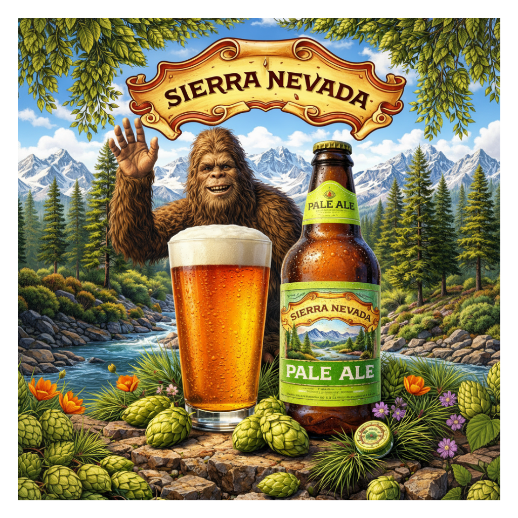 Sierra Nevada Pale Ale bottle and glass with a yeti character withe the Sierra Nevada Mountain range in the background. American Shoes Sierra Nevada Pale Ale Tribute All Grain Recipe Kit