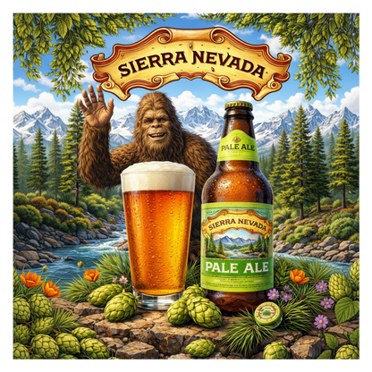 Sierra Nevada Pale Ale bottle and glass with a yeti character withe the Sierra Nevada Mountain range in the background. American Shoes Sierra Nevada Pale Ale Tribute All Grain Recipe Kit