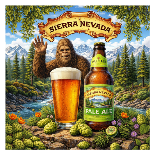 Sierra Nevada Pale Ale bottle and glass with a yeti character withe the Sierra Nevada Mountain range in the background. American Shoes Sierra Nevada Pale Ale Tribute All Grain Recipe Kit