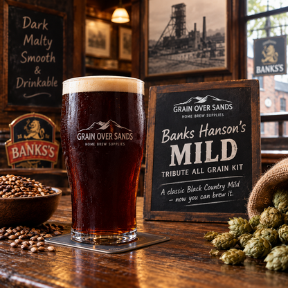 A frosted pint glass filled with dark beer stands on a coaster on a wooden bar, next to a chalkboard sign reading Grain Over Sands Banks Hanson's Mild Tribute All Grain Kit. Hop cones, a bowl of grain, and rustic brewery decor fill the background.