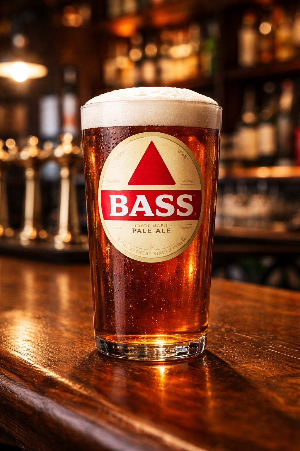 A pint of Bass Pale Ale beer in a clear glass with a white foam head, set on a wooden bar with a blurred pub background.