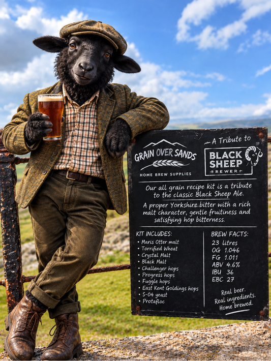 A black sheep dressed as a man in tweed clothing leans against a rustic metal gate outdoors, holding a pint of beer and a large black sign that reads 'Grain Over Sands' and 'A Tribute to Black Sheep Ale.' The background shows a blue sky with clouds and green hills. Black Sheep Ale Tribute All Grain Recipe Kit