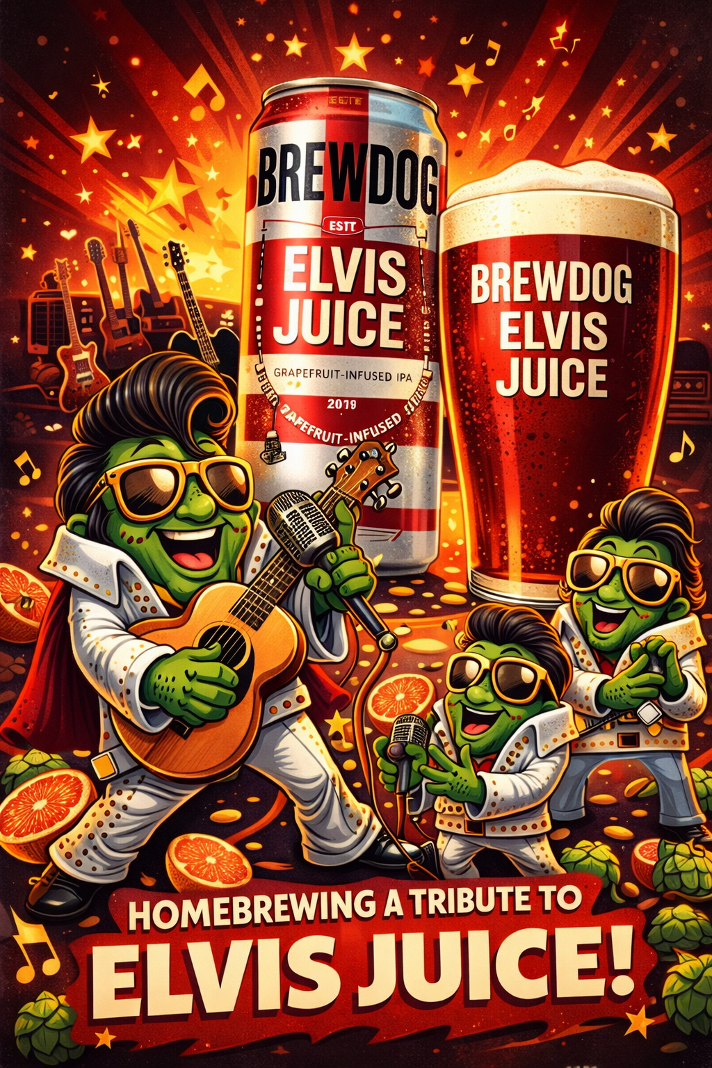 A vibrant, stylized poster-style graphic celebrating BrewDog Elvis Juice homebrewing. It features three cartoon green hop cone figures dressed as Elvis Presley playing guitars and singing, alongside a large can and a pint of the Elvis Juice beer.