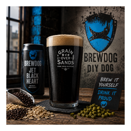 A glass of dark beer with a thick head, a can of BrewDog Jet Black Heart milk stout, and brewing ingredients on a rustic wooden table, with a branded backdrop reading 'Brewdog DIY Dog'. BrewDog Jet Black Heart Tribute All Grain Recipe Kit