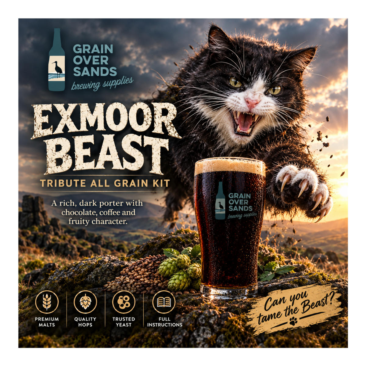 Promotional graphic for the Grain Over Sands Exmoor Beast Tribute All Grain Kit, featuring a black and white cat reaching toward a pint of dark porter beer in a moody outdoor setting with rocks and hops.