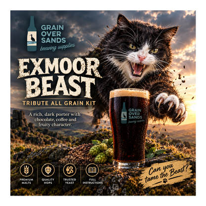 Promotional graphic for the Grain Over Sands Exmoor Beast Tribute All Grain Kit, featuring a black and white cat reaching toward a pint of dark porter beer in a moody outdoor setting with rocks and hops.