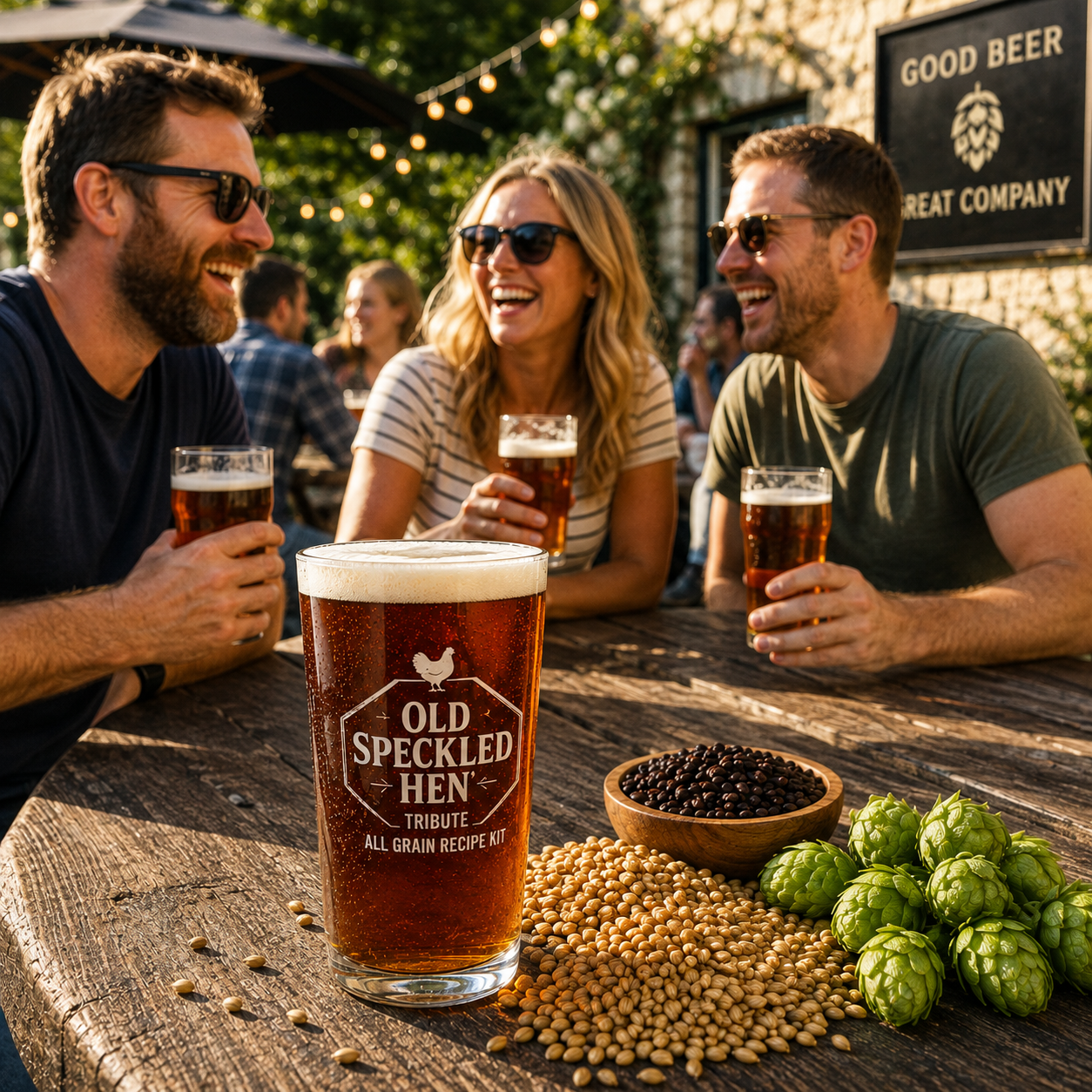 Three friends laughing at a wooden table in a pub, each holding a glass of amber beer. In the foreground, a pint glass labeled 'Old Speckled Hen Tribute All Grain Recipe beer sits on the table alongside grains, hops, and a small bowl of dark grains.