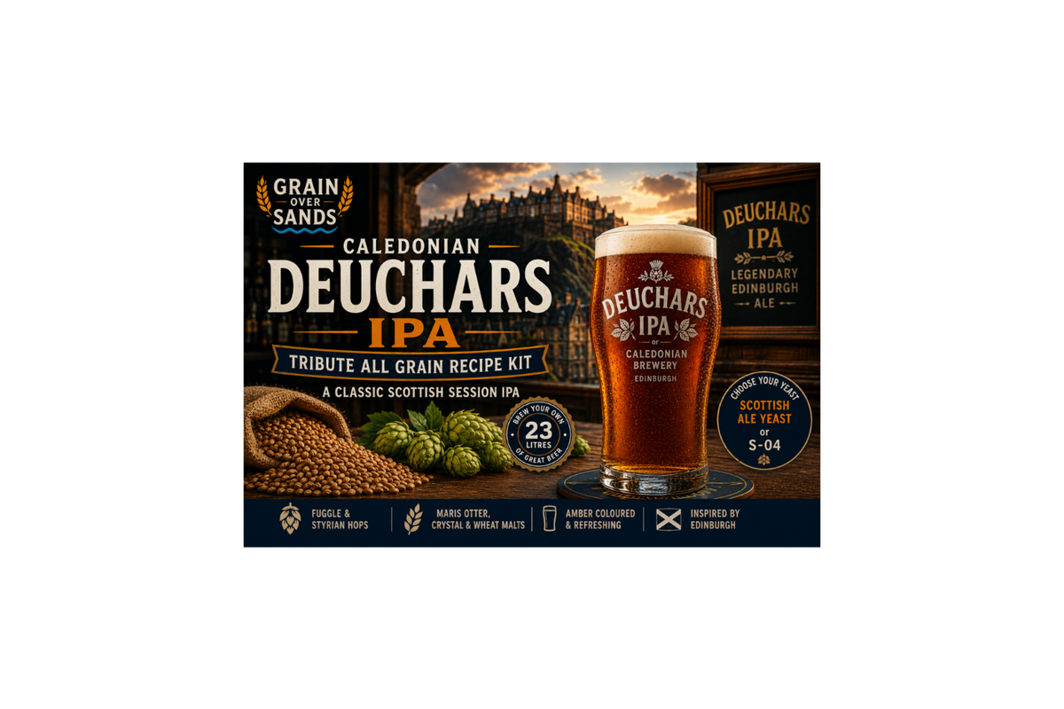 Promotional graphic for the Grain Over Sands Caledonian Deuchars IPA Tribute All Grain Recipe Kit, featuring a large glass of amber beer with white foam, hops, barley, and a brewery building in the background.