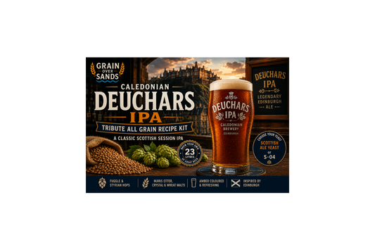 Promotional graphic for the Grain Over Sands Caledonian Deuchars IPA Tribute All Grain Recipe Kit, featuring a large glass of amber beer with white foam, hops, barley, and a brewery building in the background.