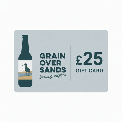 Gift card from Grain Over Sands brewing supplies with a bottle icon and text.