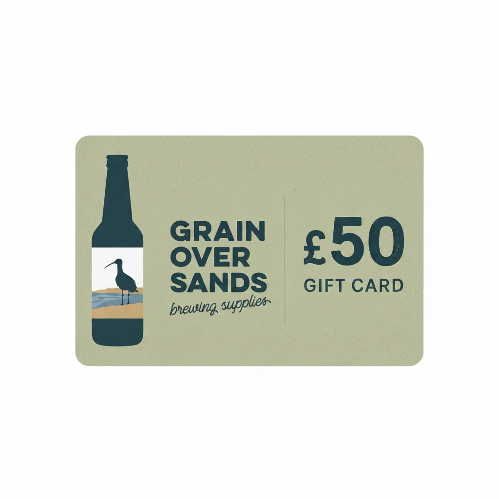 Gift card from Grain Over Sands brewing supplies with a bottle icon and £50 value.