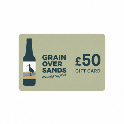 Gift card from Grain Over Sands brewing supplies with a bottle icon and £50 value.