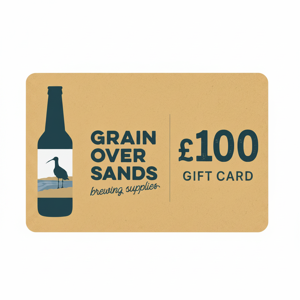 Gift card from Grain Over Sands brewing supplies with a bottle and bird illustration on a brown background.