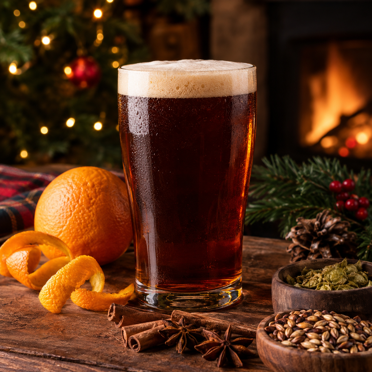 Wreck the Halls All Grain Recipe Kit beer in a festive setting with orange, spices, and holiday decor.