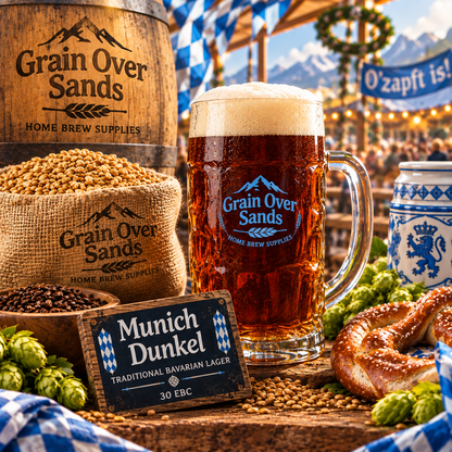 Munich Dunkel All Grain Recipe Kit. Glass of dark beer sat on a table with a bavarian setting and background.