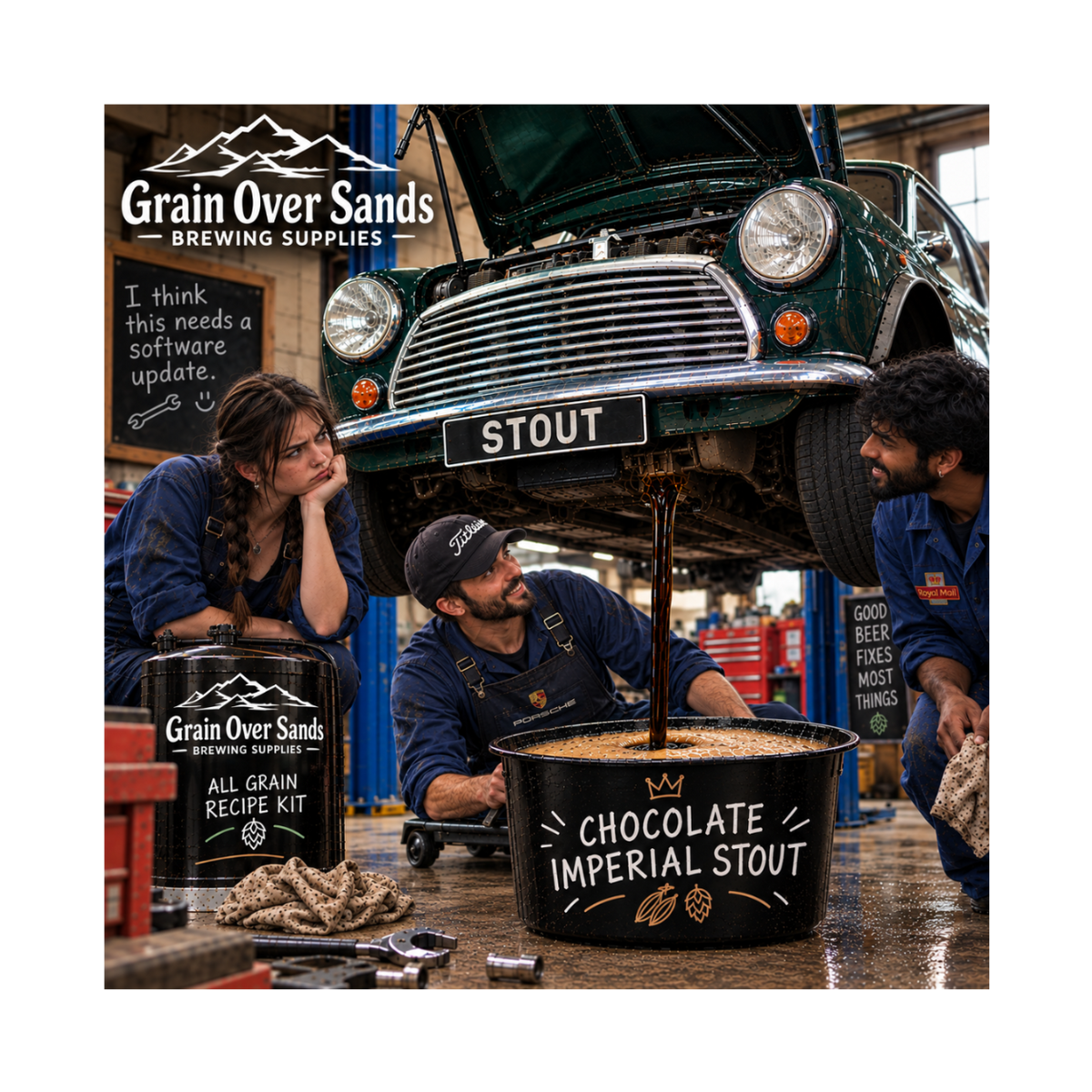 Three people in a brewery workshop around a large black barrel labeled 'Chocolate Imperial Stout' with dark beer being poured from an elevated car into it. A smaller Grain Over Sands brewing supplies canister and branded signage are visible, with the Grain Over Sands Brewing Supplies logo overlaid at the top left.