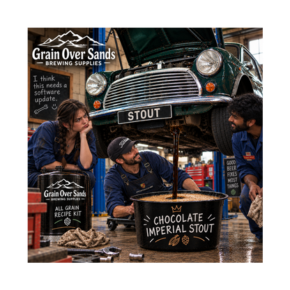 Three people in a brewery workshop around a large black barrel labeled 'Chocolate Imperial Stout' with dark beer being poured from an elevated car into it. A smaller Grain Over Sands brewing supplies canister and branded signage are visible, with the Grain Over Sands Brewing Supplies logo overlaid at the top left.