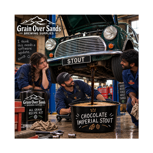 Three people in a brewery workshop around a large black barrel labeled 'Chocolate Imperial Stout' with dark beer being poured from an elevated car into it. A smaller Grain Over Sands brewing supplies canister and branded signage are visible, with the Grain Over Sands Brewing Supplies logo overlaid at the top left. Chocolate Imperial Stout All Grain Recipe Kit. 
