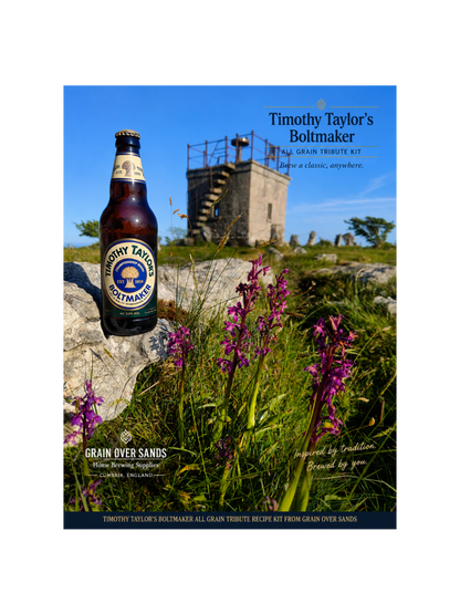 A bottle of Timothy Taylor's Boltmaker beer is shown in a scenic outdoor setting with a stone tower and wild purple flowers in the background, alongside promotional text for Timothy Taylor's Boltmaker and Grain Over Sands.
