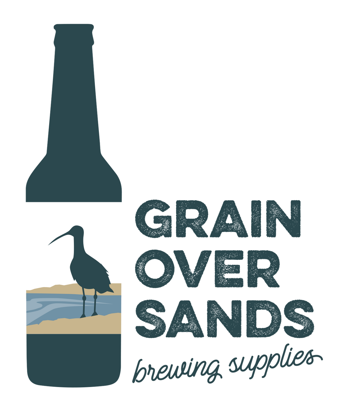 Grain over Sand compamy logo. green bottle and writing with a label depicting a curlew bird and Morecambe BayCaledonian Porter Tribute All Grain Recipe Kit