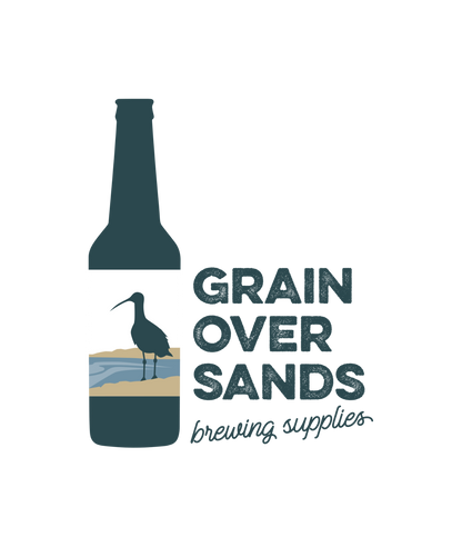 A logo-style graphic on a white background with a dark teal bottle silhouette, a bird standing on sand over water, and the text 'GRAIN OVER SANDS' and 'brewing supplies'. McEwan’s Champion Ale Tribute All Grain Recipe Kit