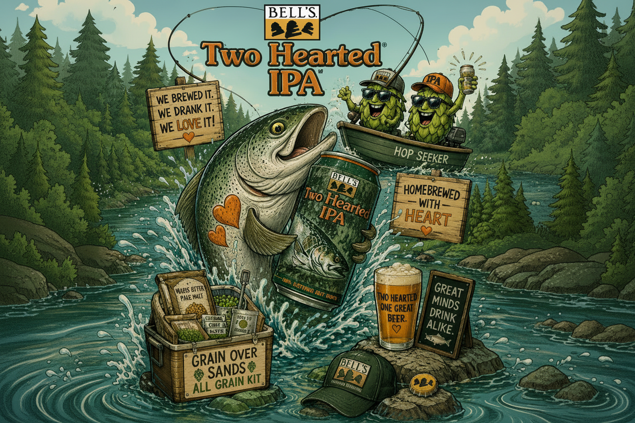 Bell's Two Hearted IPA advertisement with a fish holding a beer can and characters in a forest setting.