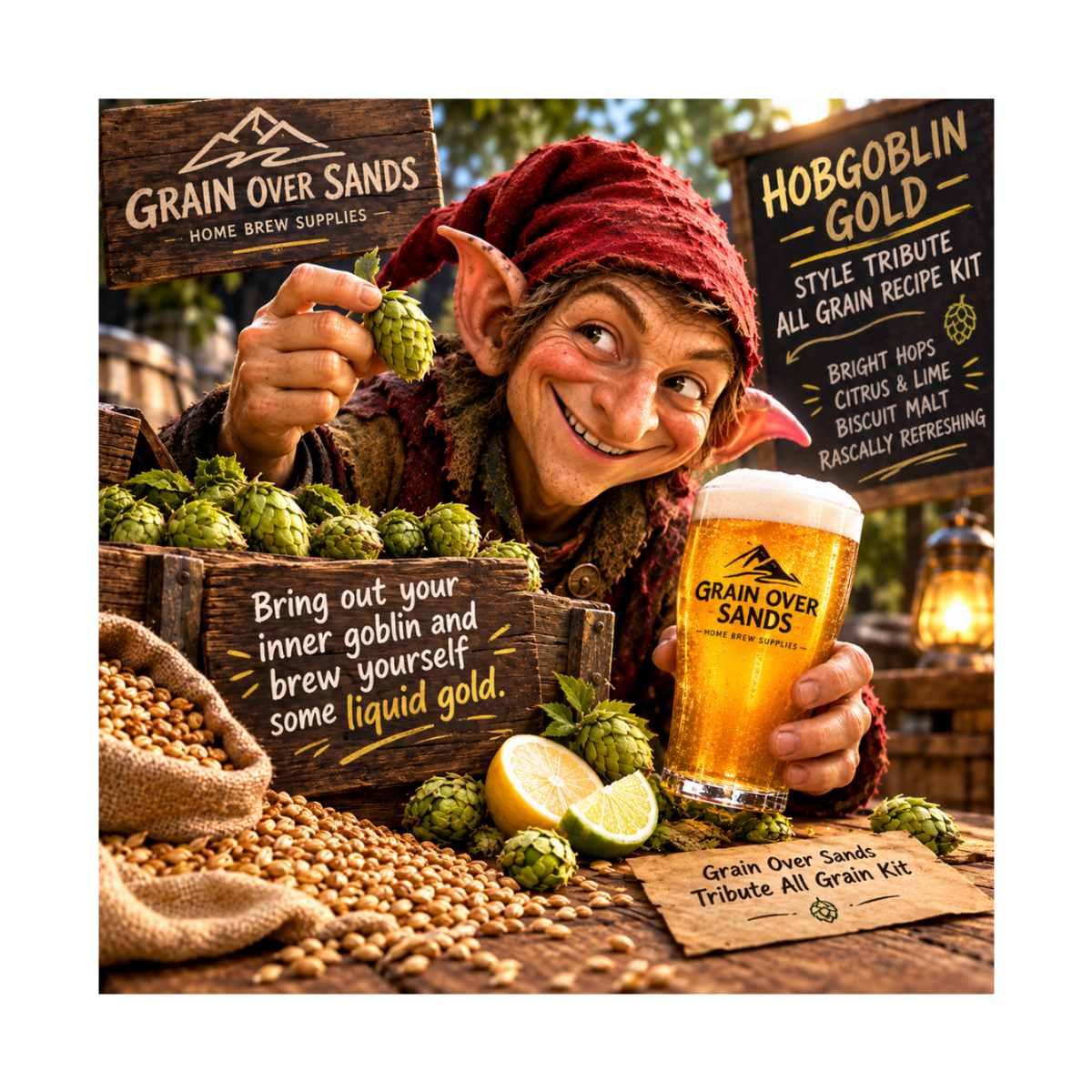 A whimsical promotional scene featuring a goblin-like character holding a frothy glass of golden beer, surrounded by hops, wood crates, and signboards reading Grain Over Sands and Hobgoblin Gold. The setting is styled like a rustic brewery with props and warm lighting. Hobgoblin Gold Style Tribute All Grain Recipe Kit
