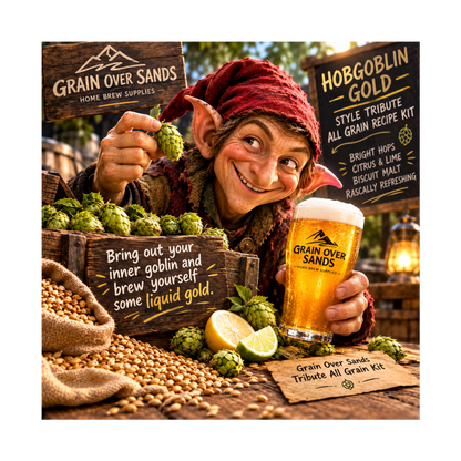 A whimsical promotional scene featuring a goblin-like character holding a frothy glass of golden beer, surrounded by hops, wood crates, and signboards reading Grain Over Sands and Hobgoblin Gold. The setting is styled like a rustic brewery with props and warm lighting. Hobgoblin Gold Style Tribute All Grain Recipe Kit
