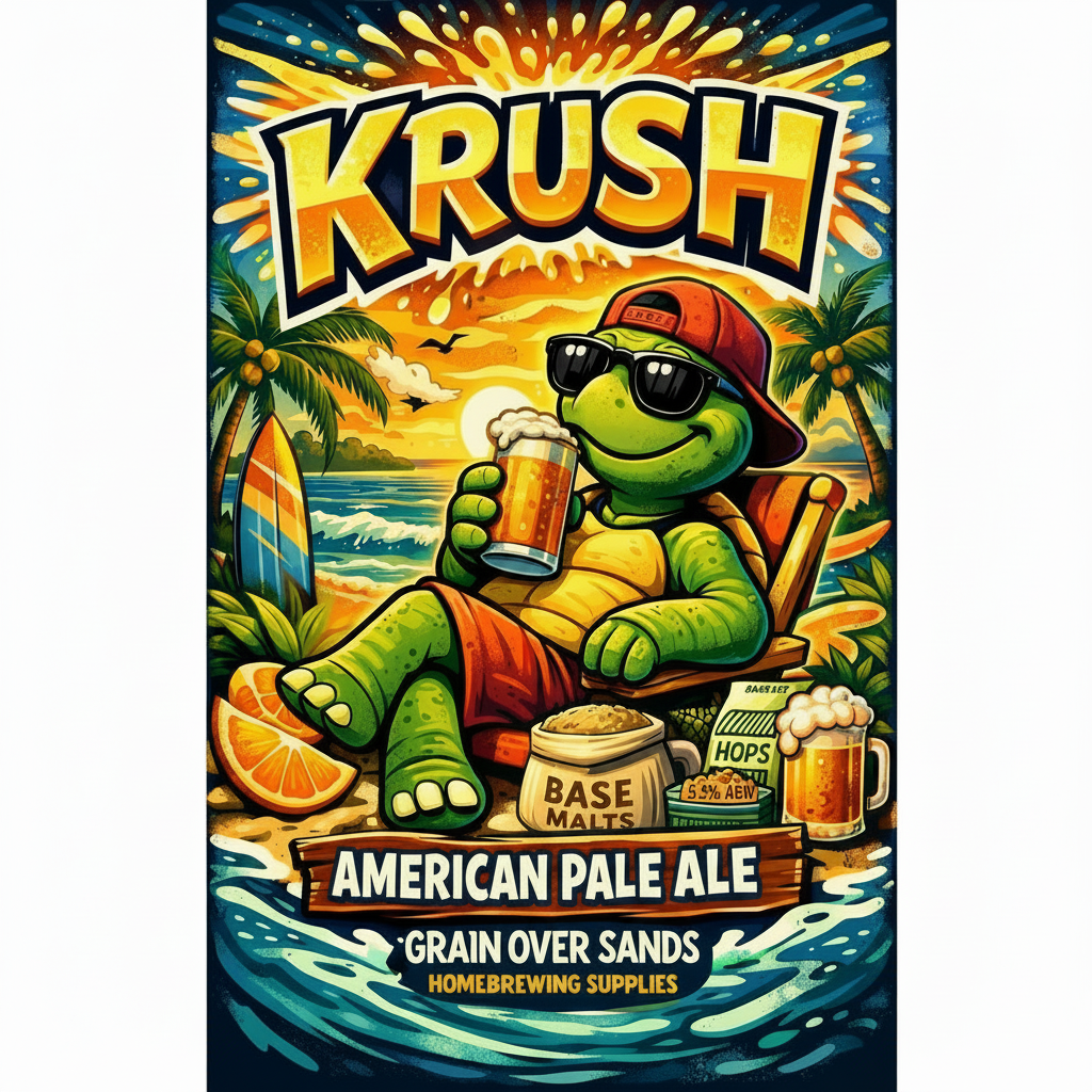 Tortoise with sunglasses and a beer, sitting on a beach with 'Krush' beer. branding and text about American Pale Ale.