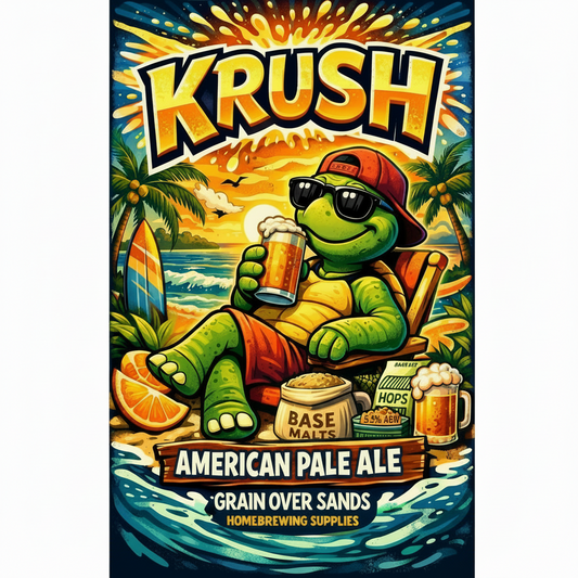 Tortoise with sunglasses and a beer, sitting on a beach with 'Krush' beer. branding and text about American Pale Ale. Krush American Pale Ale All Grain Beer Kit