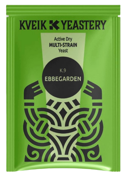 Green package of Kveik Yeastery Ebbegarden yeast with black text and design. Sólstorm NEIPA All Grain Recipe Kit 