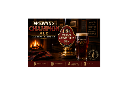 McEwan's Champion Ale All Grain Recipe Kit advertisement featuring a beer tap handle, a glass of dark beer, and a cozy pub interior background with a fireplace. McEwan’s Champion Ale Tribute All Grain Recipe Kit