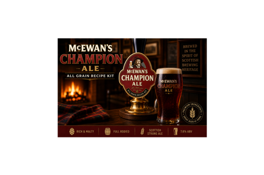 McEwan's Champion Ale All Grain Recipe Kit advertisement featuring a beer tap handle, a glass of dark beer, and a cozy pub interior background with a fireplace. McEwan’s Champion Ale Tribute All Grain Recipe Kit