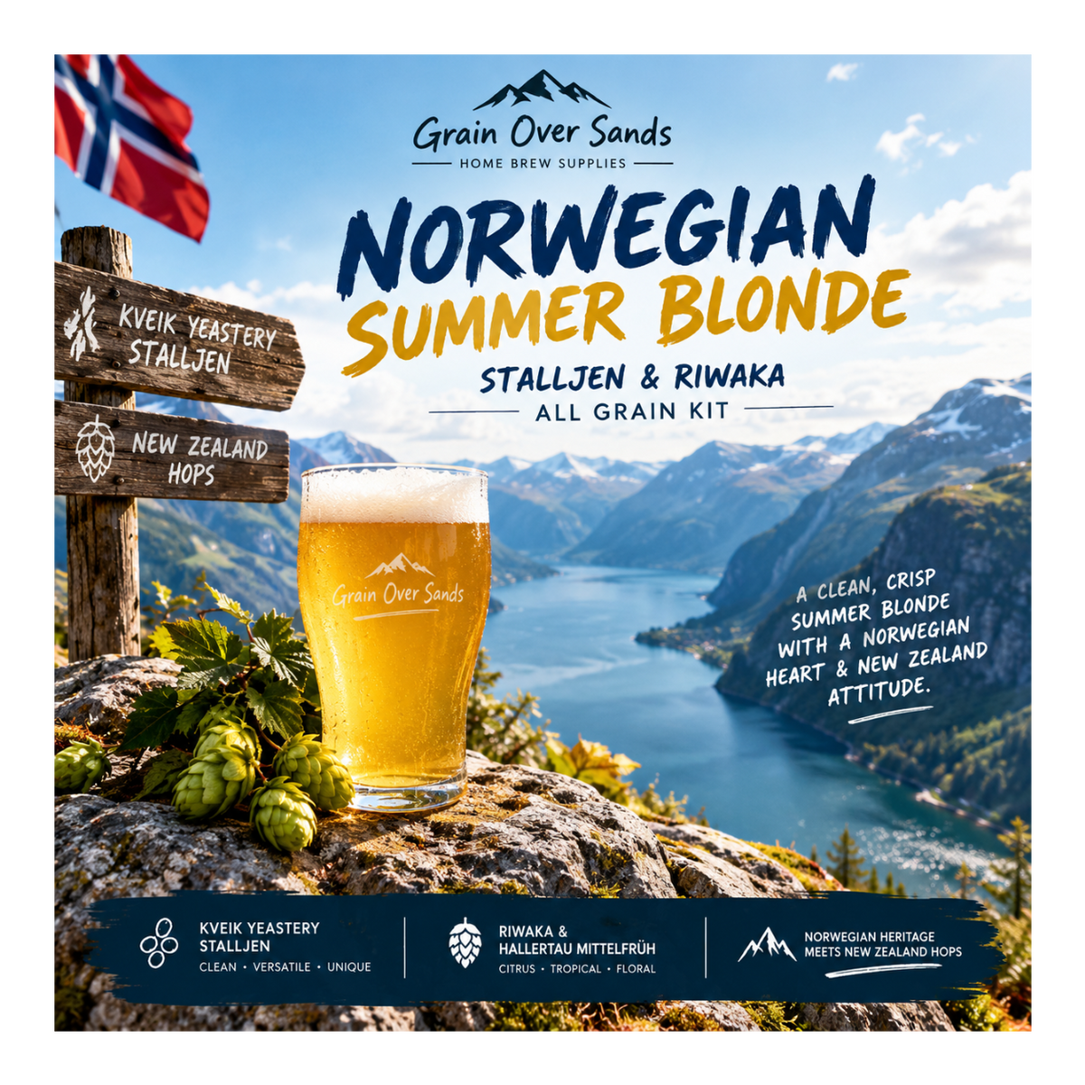 Norwegian Summer Blonde Stalljen & Riwaka All Grain Kit with a scenic background and a glass of beer.