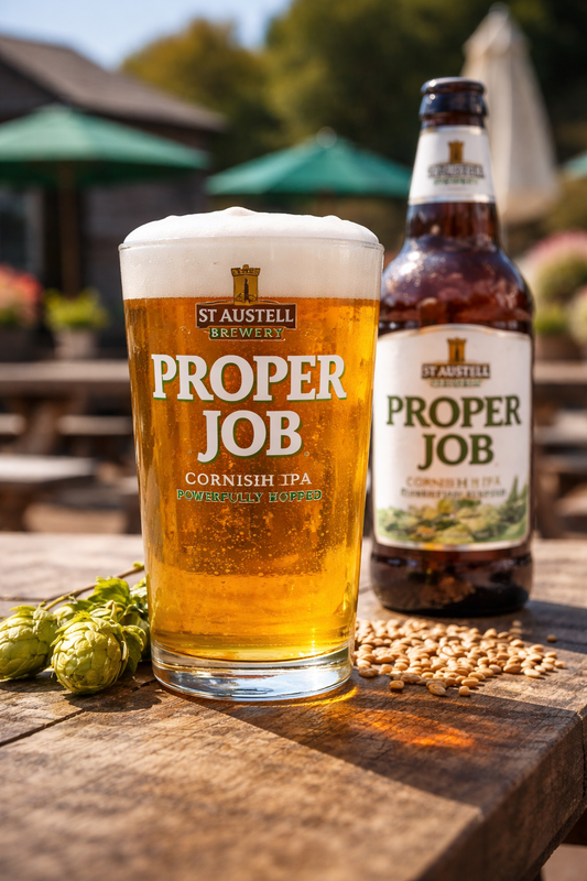 St Austell Proper Job Cornish IPA glass and bottle on a wooden table outdoors. St Austell Proper Job IPA Tribute All Grain Recipe Kit
