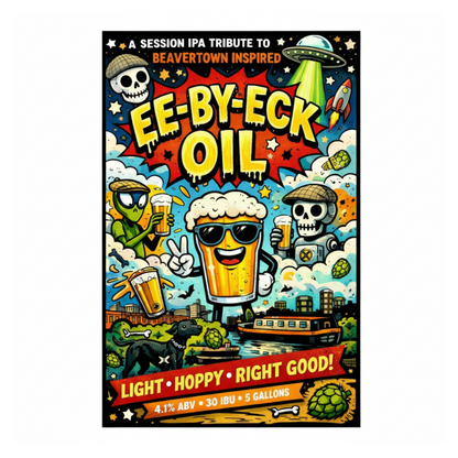 Colorful beer label with cartoon characters and text, featuring a session IPA tribute to Beavertown neck oil.