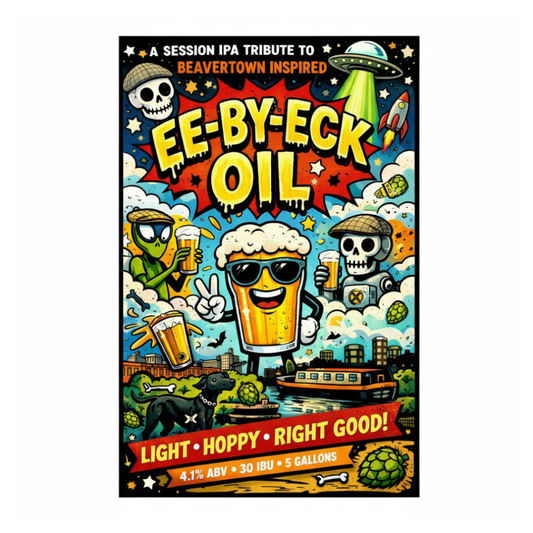 Colorful beer label with cartoon characters and text, featuring a session IPA tribute to Beavertown neck oil.