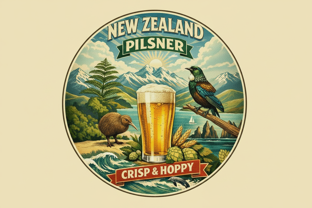 New Zealand Pilsner advertisement with a glass of beer, kiwi bird, and mountain landscape.