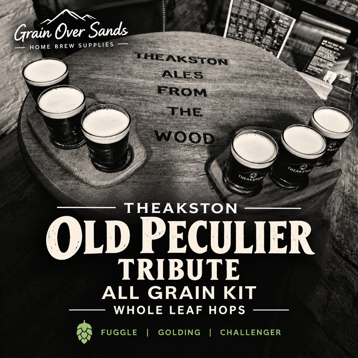 Theakston Old Peculier Tribute All Grain Kit Whole Leaf Hops displayed with beer on a wooden table.
