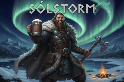 Viking holding a wooden ale jug and an axe during a solar storm. Snow, ice and mountains in the background. the word Sólstorm above his head.