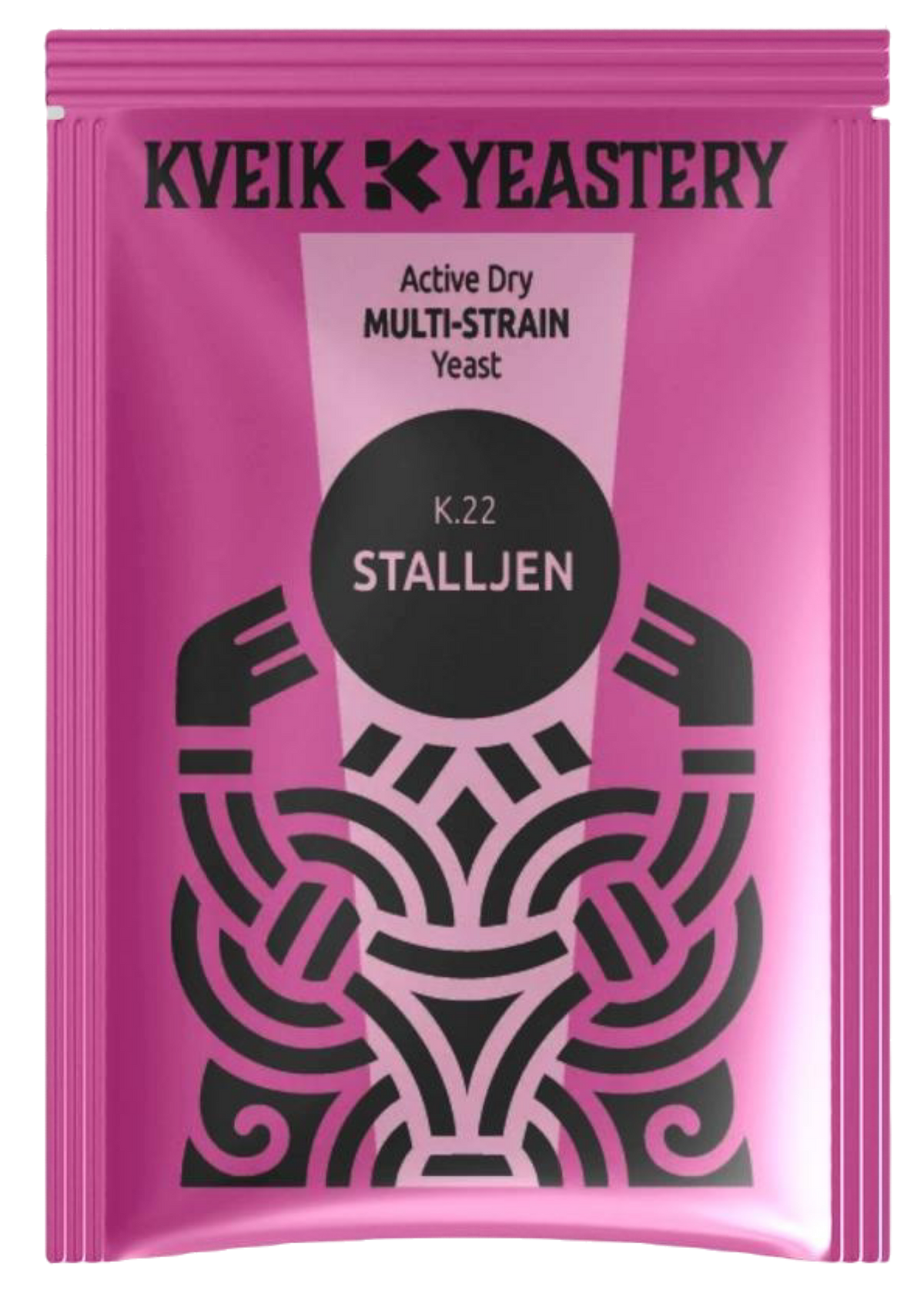Packet of Kveik Yeastery Stalljen jeats in a pick packet and tribal design. Norwegian Summer Blonde Stalljen & Riwaka All Grain Kit