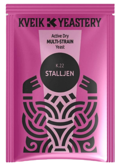 Packet of Kveik Yeastery Stalljen jeats in a pick packet and tribal design. Norwegian Summer Blonde Stalljen & Riwaka All Grain Kit