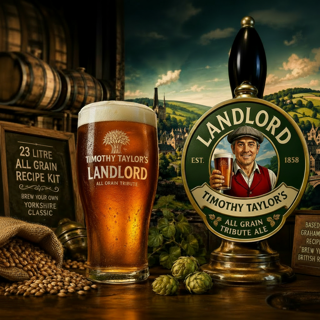 A pint of Timothy Taylor's Landlord All Grain Tribute Ale stands beside a Landlord beer tap handle in a rustic brewery setting with hops, grain, barrels, and a scenic backdrop. Timothy Taylors Landlord Tribute All Grain Recipe Kit